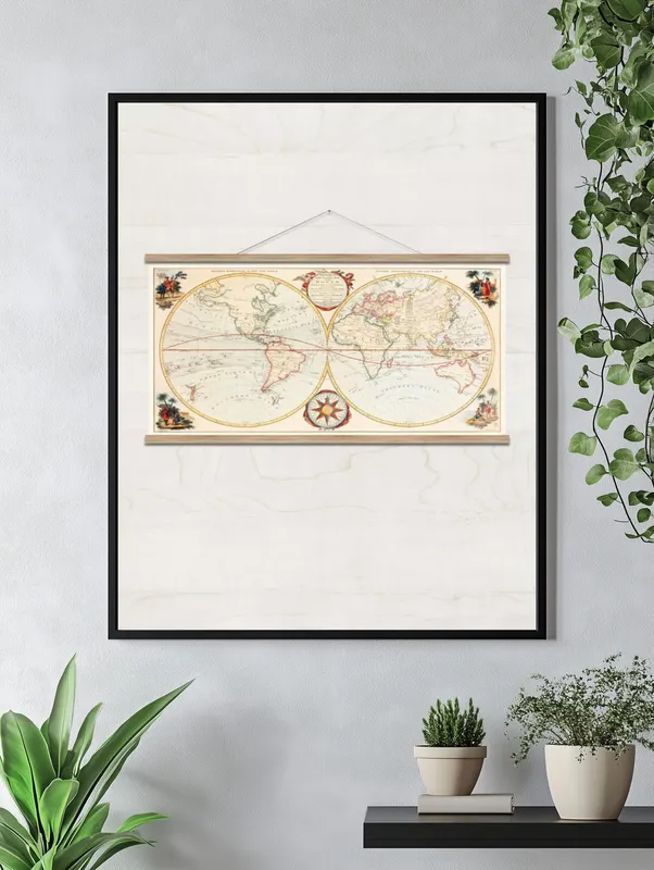 Постер «Старинная карта на холсте - Карта двух полушарий на английском языке» на стене в офисе