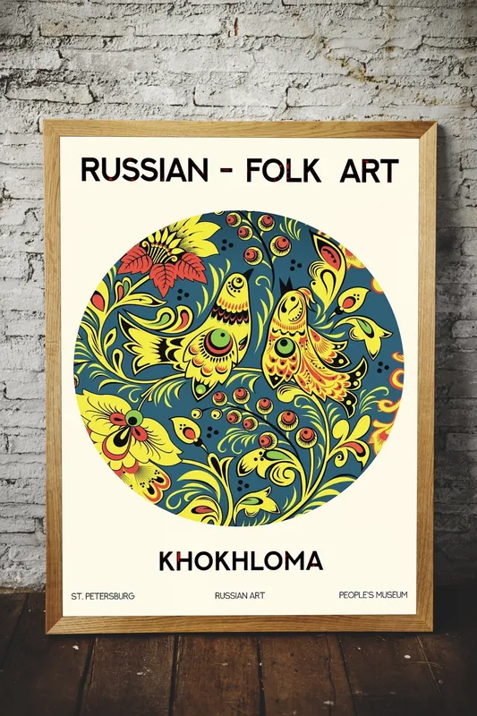 Постер «Хохлома - Птицы в саду» над диваном в гостиной