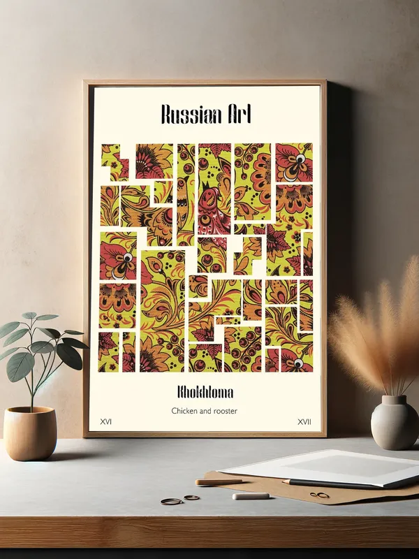 Постер «Хохлома - Курочка и петушок» над диваном в гостиной