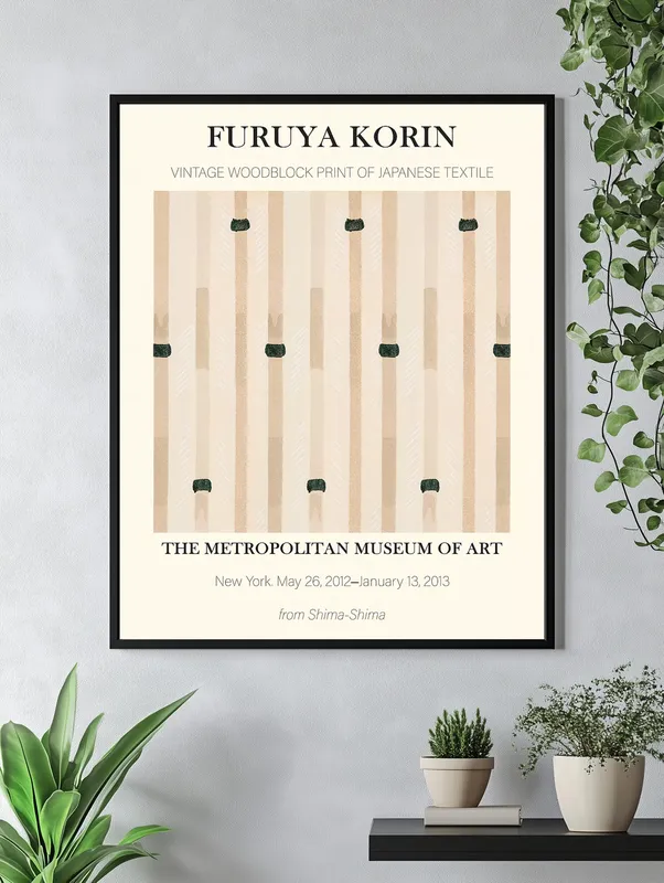 Постер «Японский минимализм - Винтажная гравюра» над диваном в гостиной