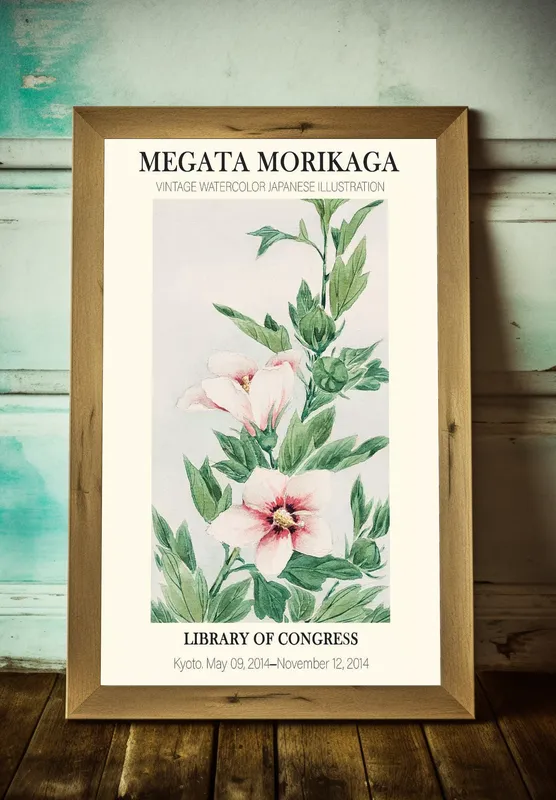 Постер «Японская живопись - Гибискус» над диваном в гостиной