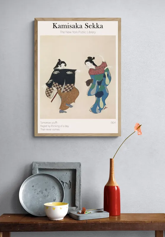 Постер «Японская живопись - Танец» над диваном в гостиной