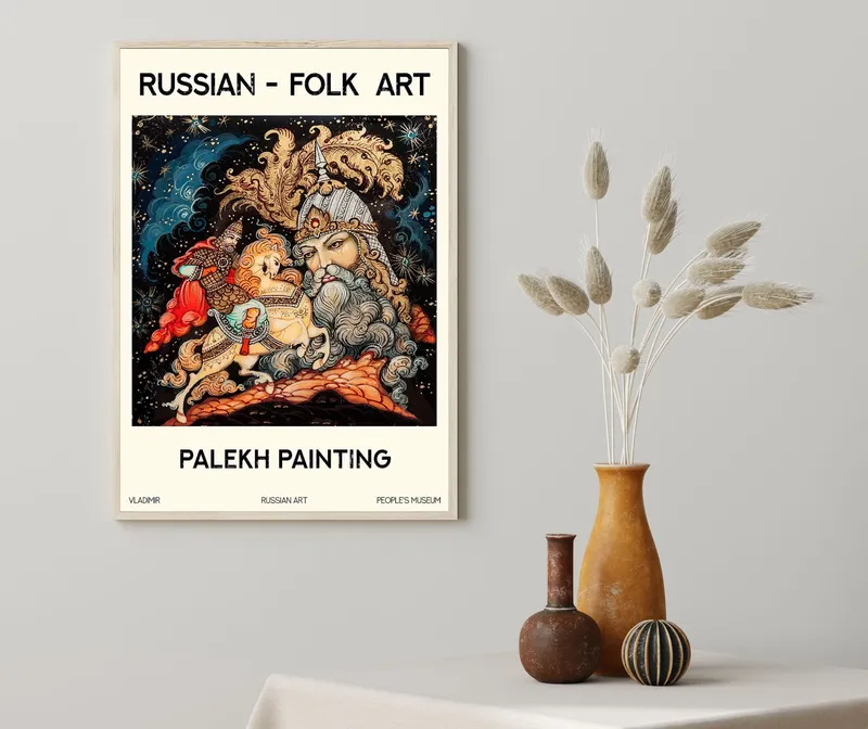 Постер «Палехская роспись - Руслан и Людмила» на стене в офисе