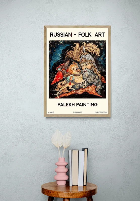 Постер «Палехская роспись - Руслан и Людмила» над диваном в гостиной