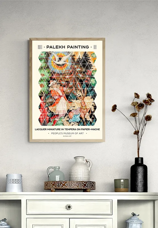 Постер «Палехская роспись - Конек-Горбунок» над диваном в гостиной