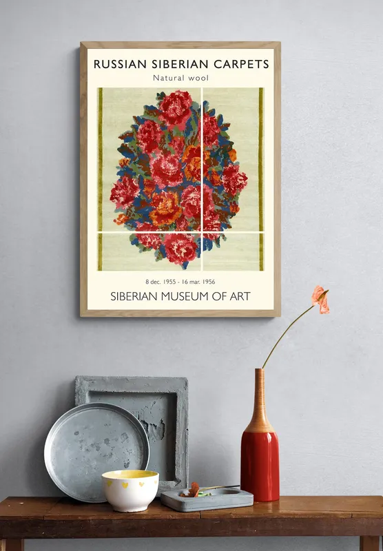 Постер «Сибирские ковры - Пышный розовый букет» над диваном в гостиной