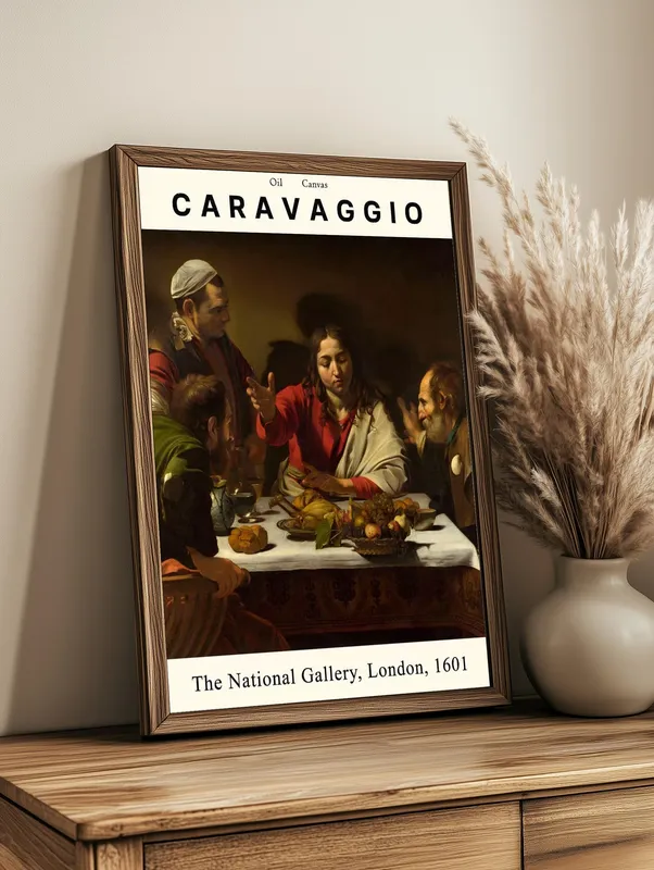 Постер «Караваджо - Ужин в Эммаусе» над диваном в гостиной