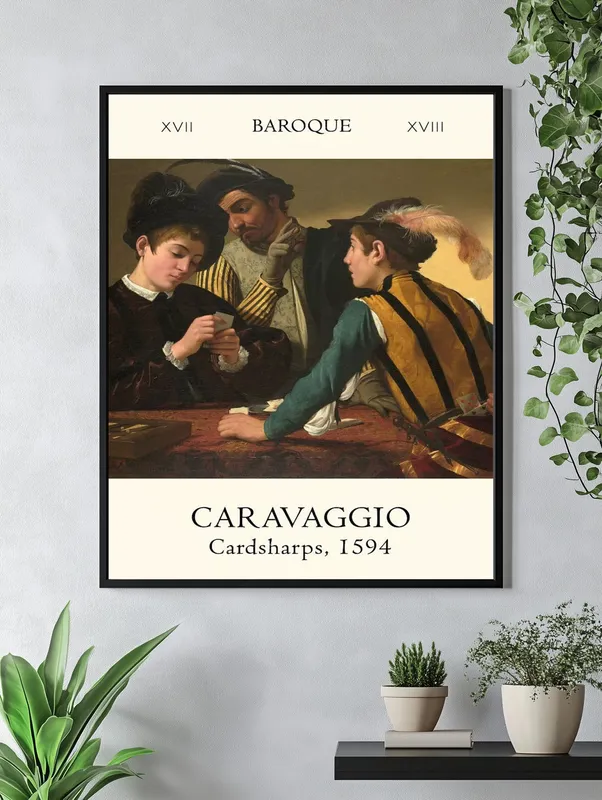 Постер «Караваджо - Шулера» над диваном в гостиной