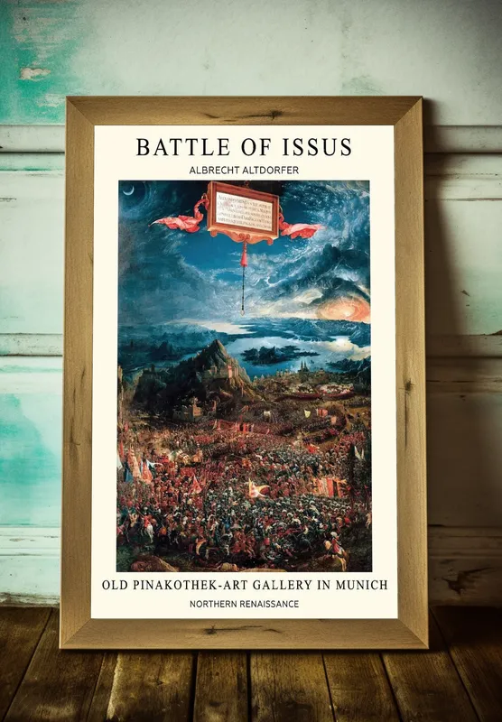 Постер «Альбрехт Альтдорфер - Битва Александра» над диваном в гостиной