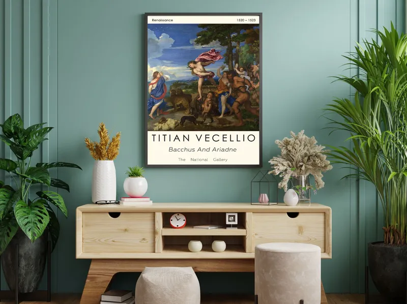 Постер «Тициан - Вакх и Ариадна» над диваном в гостиной