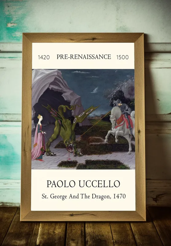 Постер «Паоло Уччелло - Святой Георгий с драконом» над диваном в гостиной