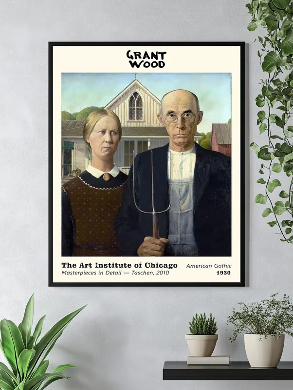 Постер «Грант Вуд - Американская готика» над диваном в гостиной