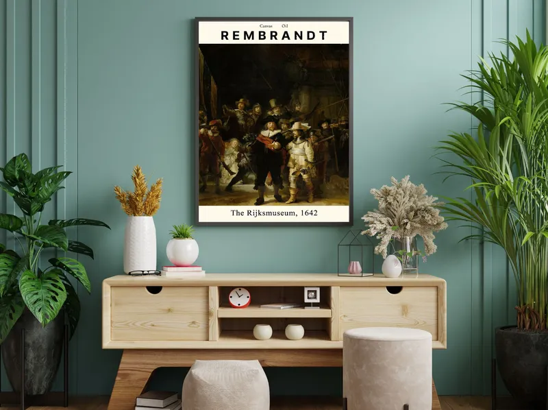 Постер «Рембрандт - Ночной дозор» над диваном в гостиной