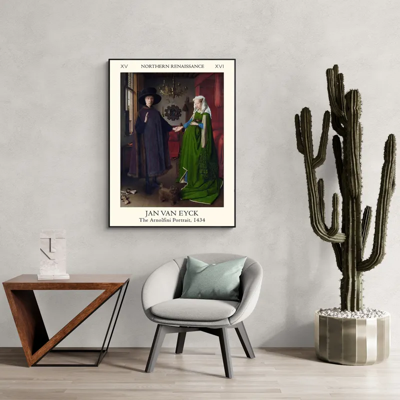 Постер «Ян ван Эйк - Портрет четы Арнольфини» над диваном в гостиной