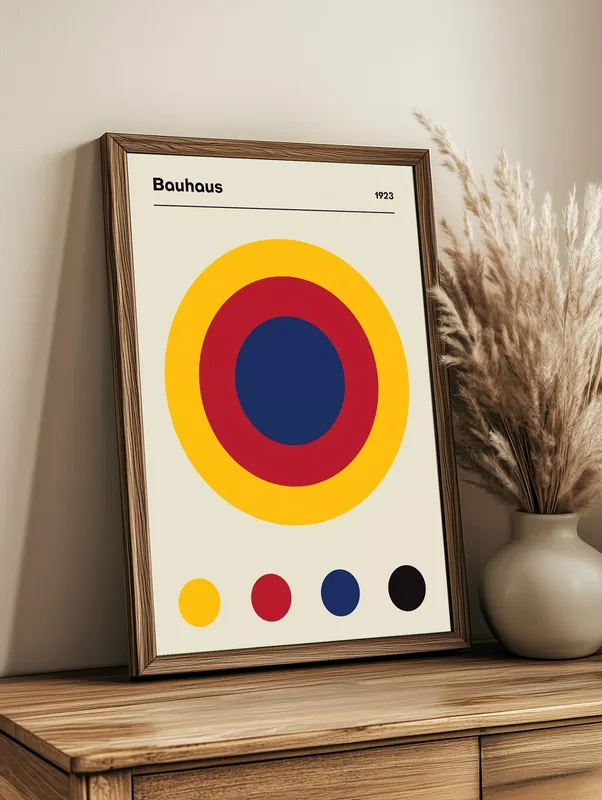 Постер «Баухаус - Классические цвета» над диваном в гостиной
