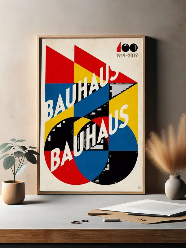 Постер «Баухаус - Столетие стиля» над диваном в гостиной