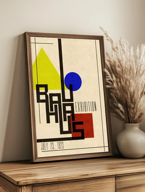Постер «Баухаус - Цветная афиша» над диваном в гостиной