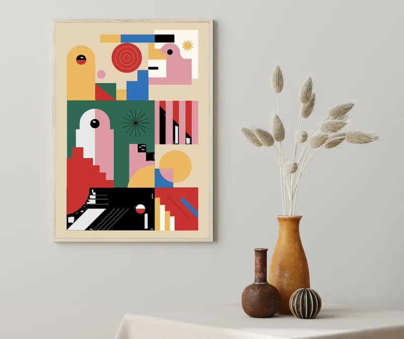 Постер «Баухаус - Современный взгляд» над диваном в гостиной