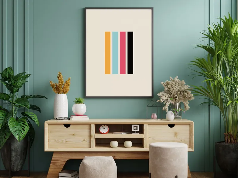 Постер «Баухаус - Прямые» над диваном в гостиной