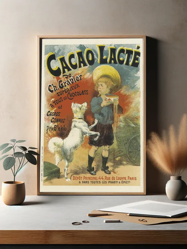 Постер «Рекламный плакат - Шоколадное молоко Cacao Lacte» над диваном в гостиной