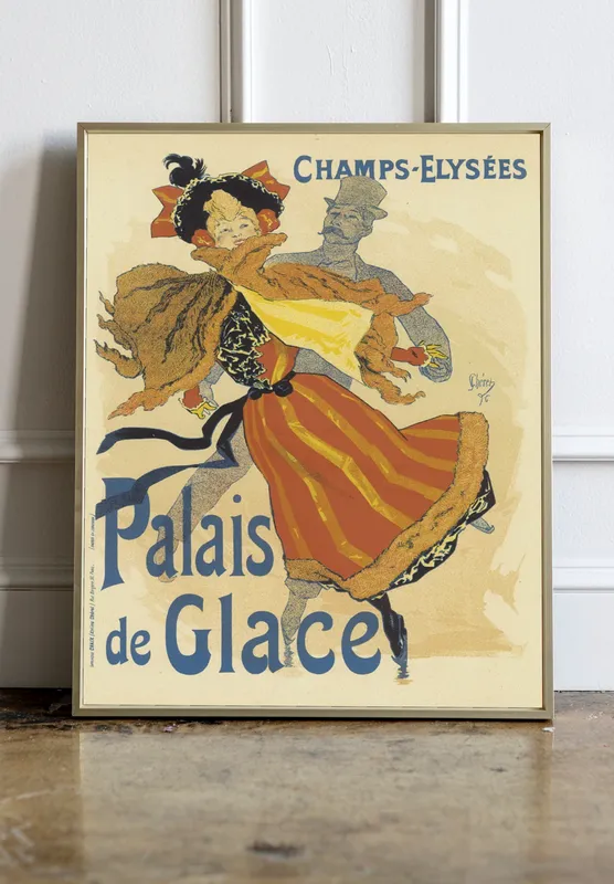 Постер «Рекламный плакат - Каток Palais de Grace» над диваном в гостиной