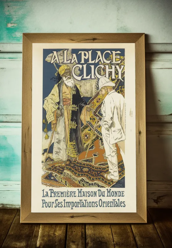 Постер «Рекламный плакат - Площадь Клиши» над диваном в гостиной