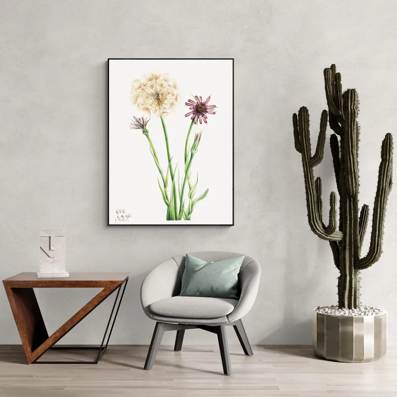 Постер «Дикие цветы - Сальсифи» над диваном в гостиной