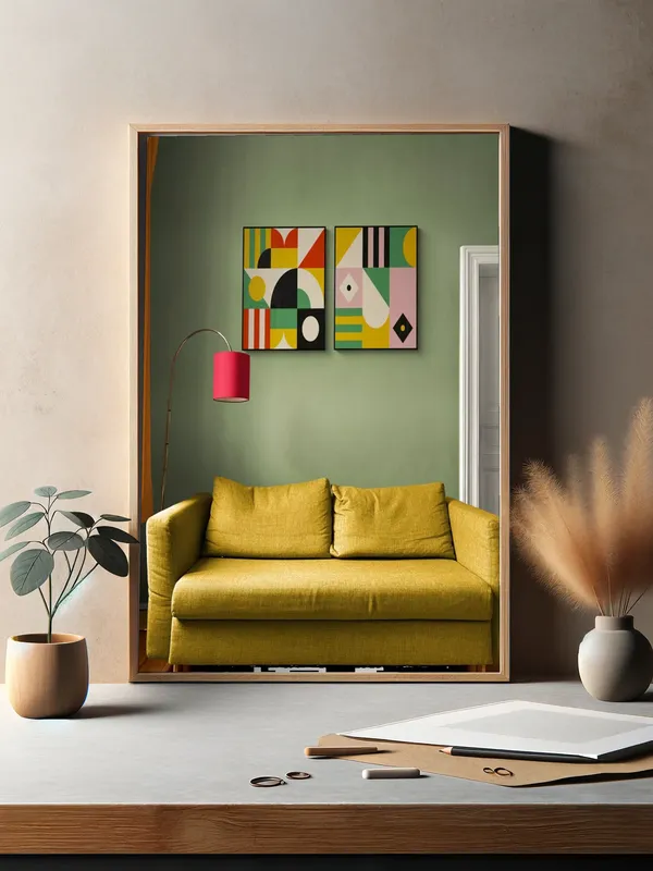Постер «Набор постеров Разноцветные фигуры» над диваном в гостиной