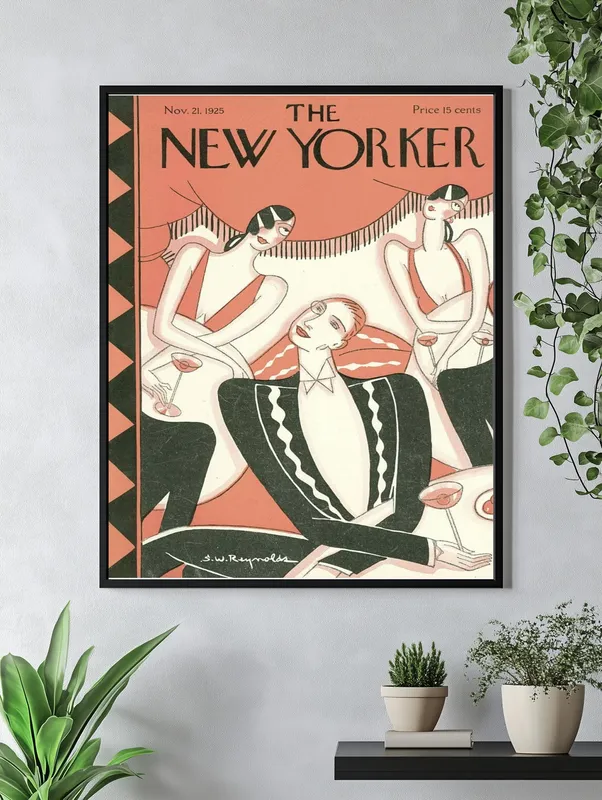 Постер «Обложки New Yorker - Вечер в кафе» над диваном в гостиной