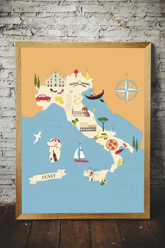 Постер «Карта Италии с достопримечательностями» на стене в офисе