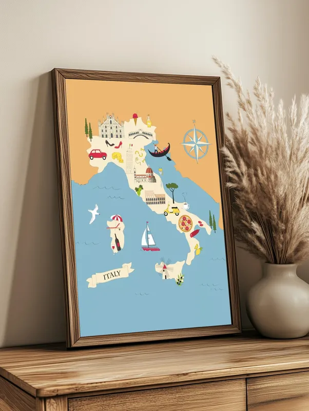 Постер «Карта Италии с достопримечательностями» над диваном в гостиной
