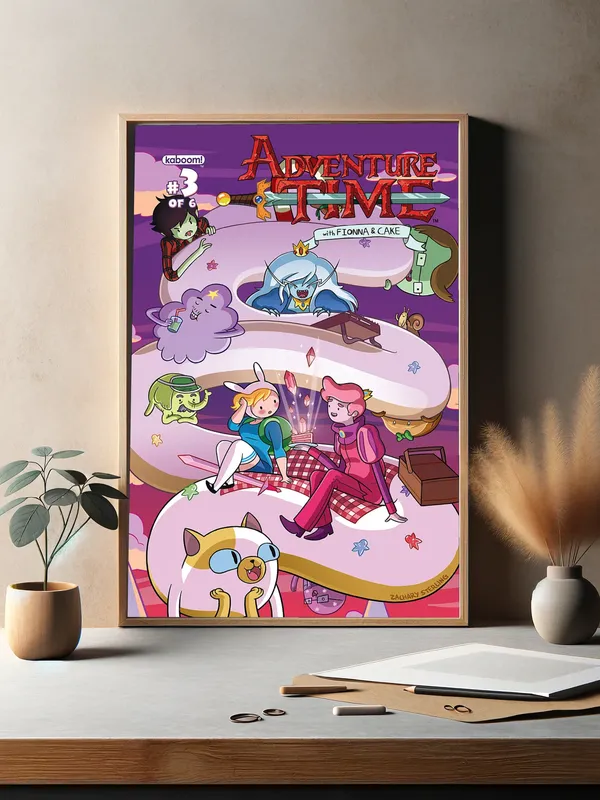 Постер «Время приключений. На сладком облаке» над диваном в гостиной