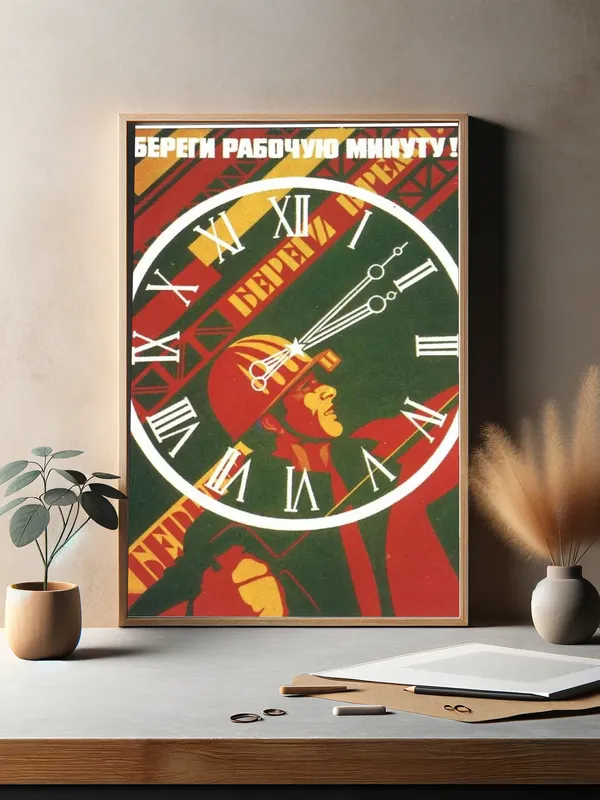 Постер «Советские постеры - Береги рабочую минуту!» на стене в офисе