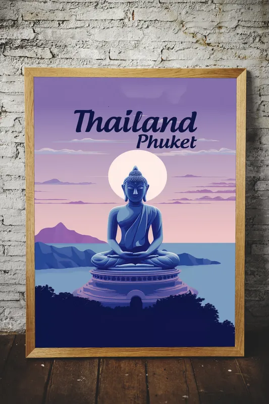 Постер «Достопримечательности Таиланда» над диваном в гостиной