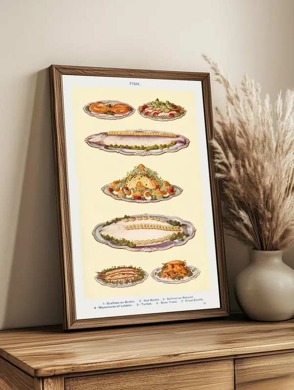 Постер «Еда - Рыбное меню» над диваном в гостиной