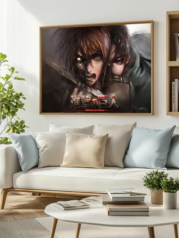 Постер «Атака титанов. Эрен» над диваном в гостиной