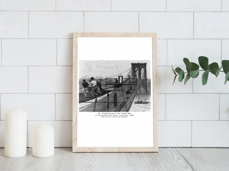 Постер «Мосты - Демонтаж пешеходного моста» над диваном в гостиной