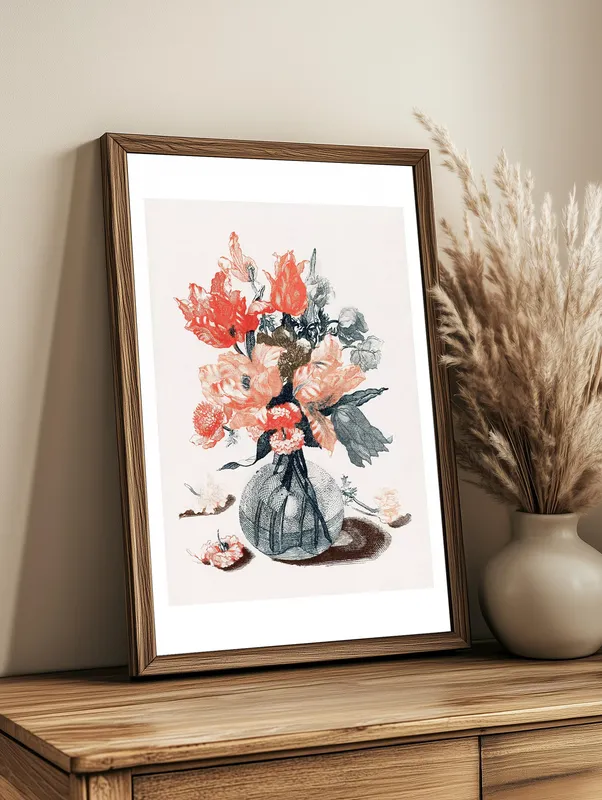 Постер «Цветы в вазе - старинная иллюстрация» над диваном в гостиной