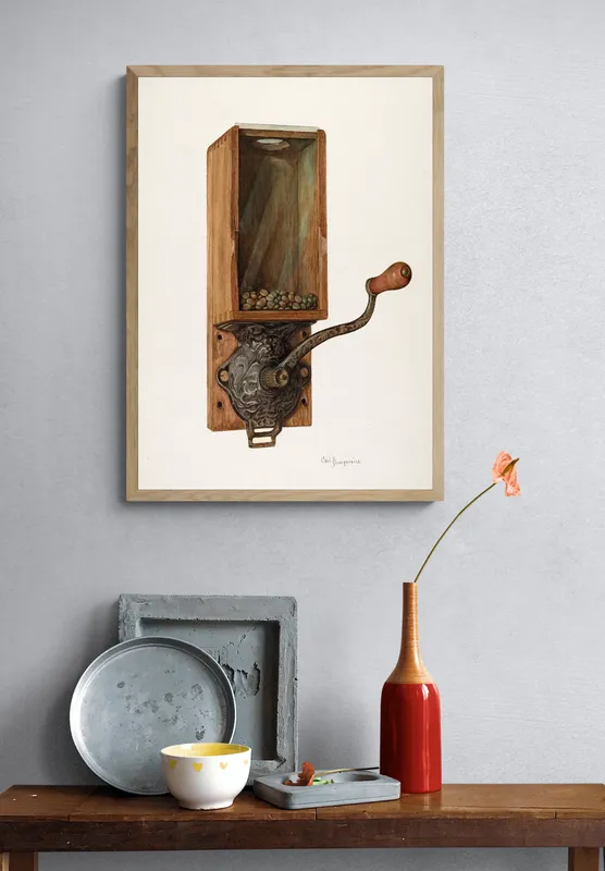 Постер «Ручная мельница для кофе» на стене в офисе