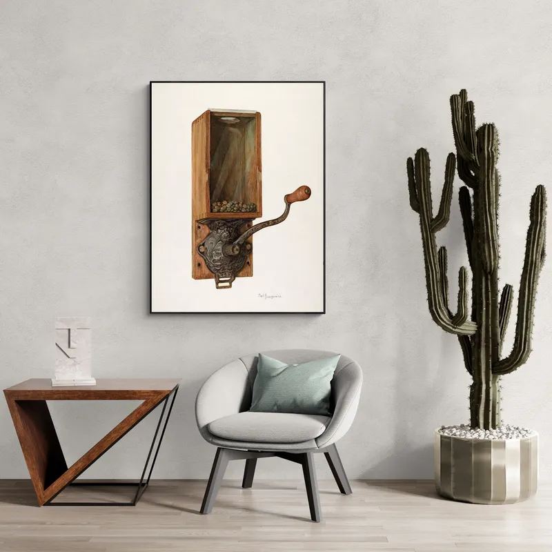 Постер «Ручная мельница для кофе» над диваном в гостиной