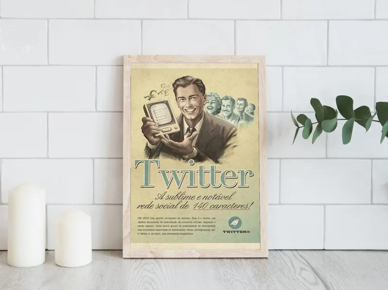 Постер «Ретро плакат твиттер» над диваном в гостиной