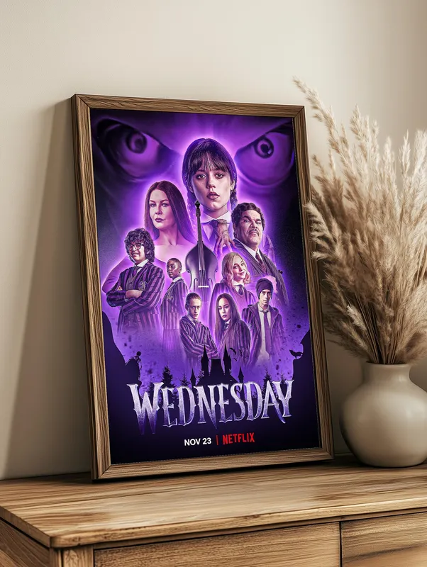 Постер «Wednesday. Главные герои» на стене в офисе