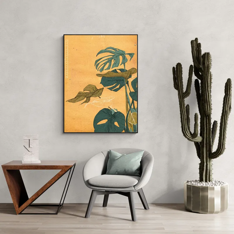 Постер «Монстера Делициоза» над диваном в гостиной