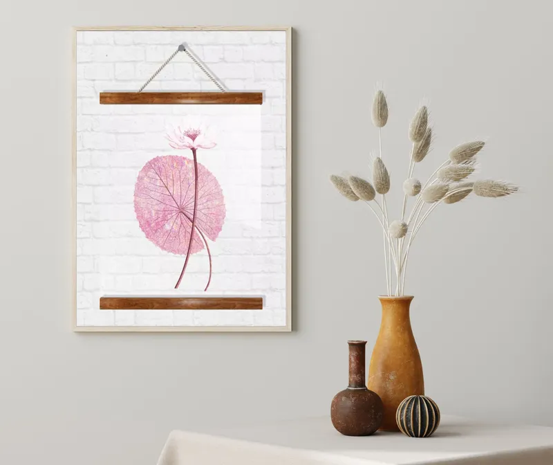 Постер «Прозрачный постер - Цветок лотоса с листом» на стене в офисе