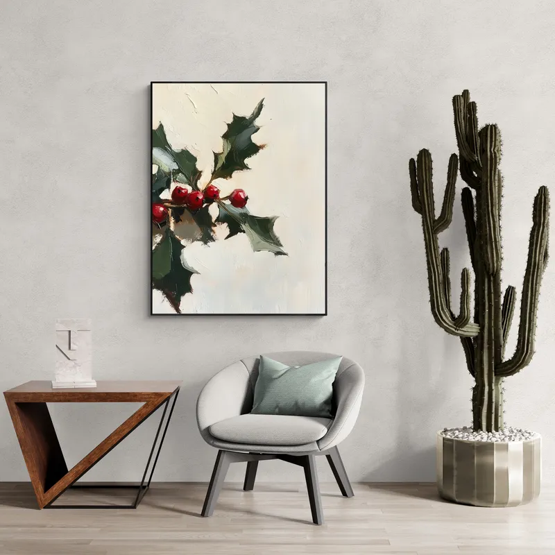 Постер «Зимние ягоды и листья» над диваном в гостиной