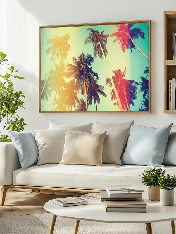 Постер «Пальмы в Тропиках» над диваном в гостиной
