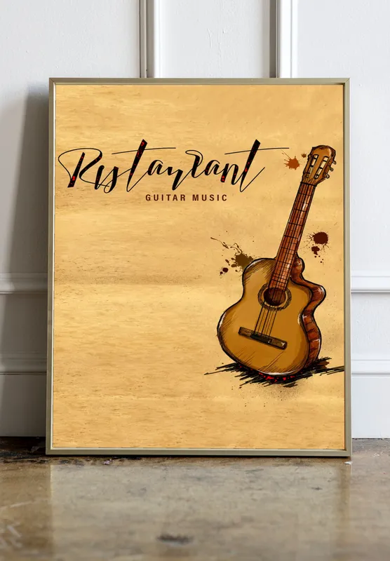 Постер «Электроакустическая гитара» над диваном в гостиной