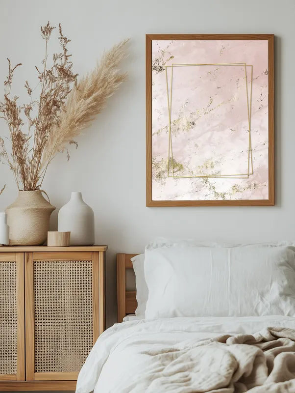 Постер «Мрамор с золотистой рамкой» над диваном в гостиной