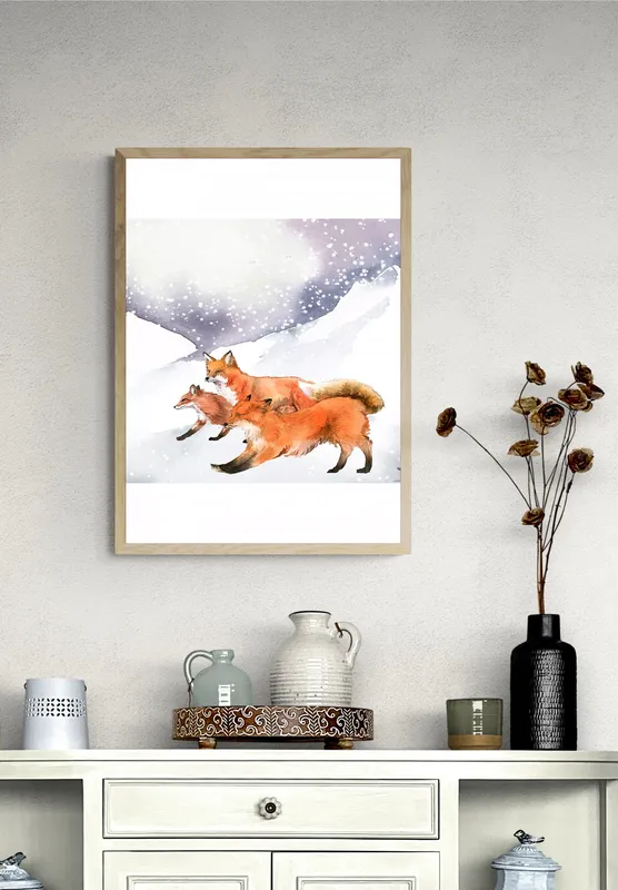 Постер «Лисы - Стая лисиц на прогулке» на стене в офисе