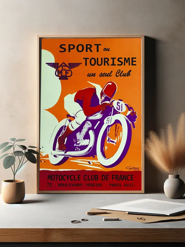 Постер «Мотоклуб Де Франс» над диваном в гостиной